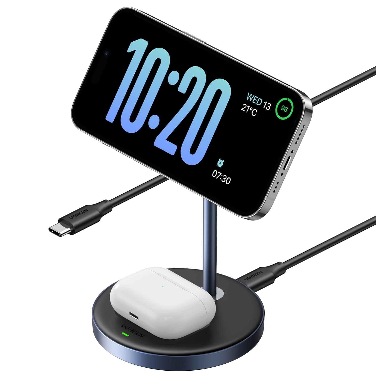 UGREEN MagFlow Cargador Inalámbrico 2 en 1, Estación de Carga Magnética para Airpods, Soporte para Móvil Compatible coniPhone 17 Pro MAX Air/16/15/14/13/12 Series, AirPods Pro 2/3