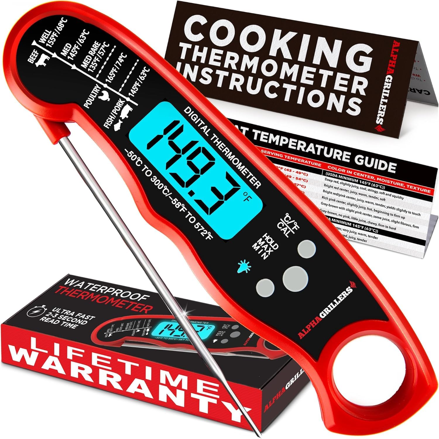 Vegena - Termómetro de barbacoa para carne, termómetro de barbacoa, termómetro de horno, 2 sondas con preajuste de temperatura, despertador de cocina, retroiluminación azul, pared trasera magnética