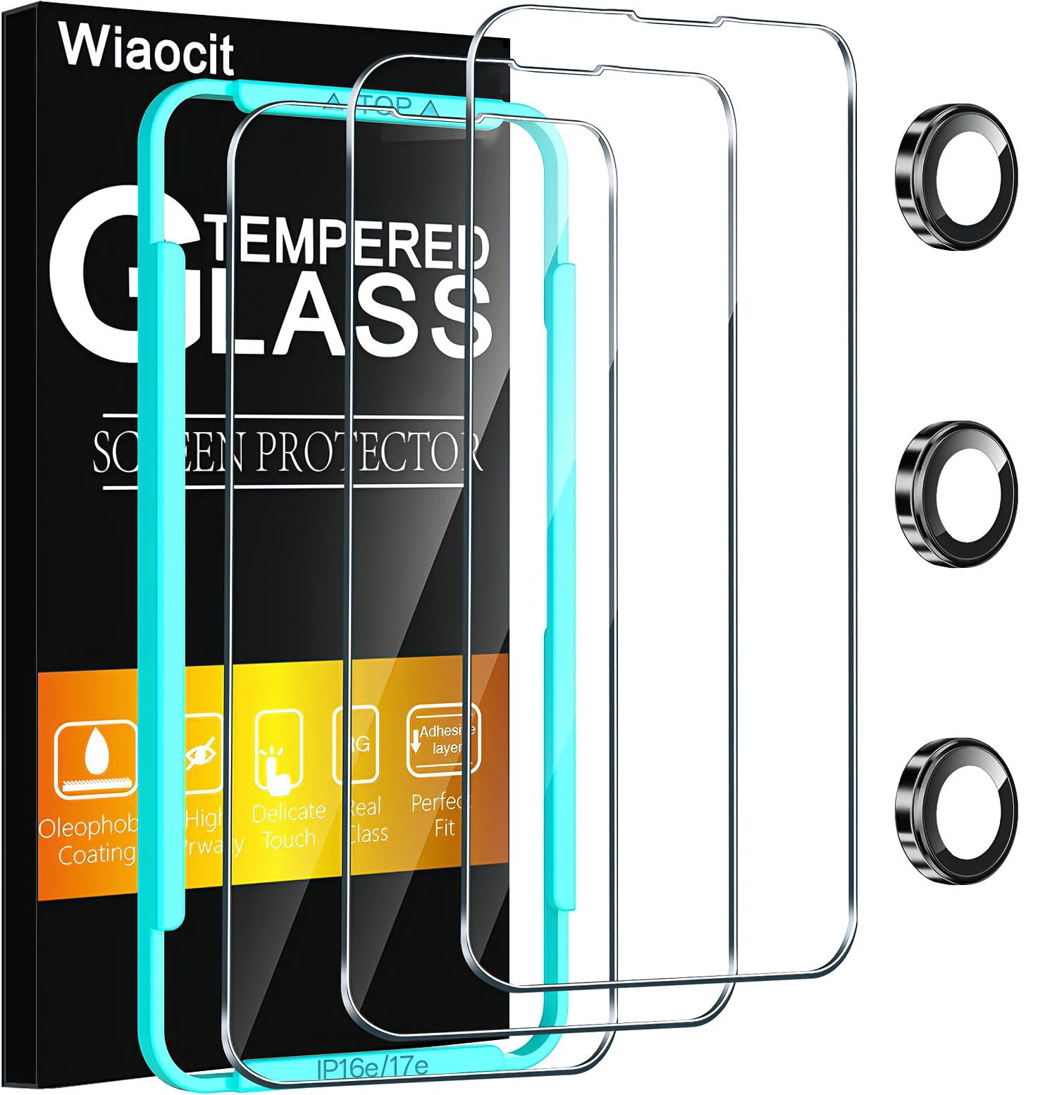 Wiaocit Paquete de 3 protectores de pantalla de vidrio templado para iPhone 16e con 3 protectores de lente de cámara, dureza 9H, sin burbujas, compatible con fundas