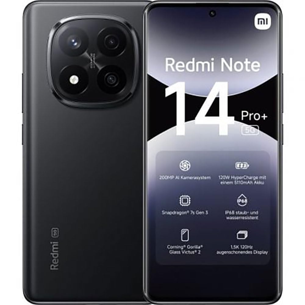 XIAOMI Redmi Note 14 Pro+ 5G - Smartphone de 8+256GB, Pantalla de 6,67" AMOLED FHD+ 120Hz, Snapdragon 7s Gen 3, Cámara de 200MP, HyperCharge 120W, 5110 mAh, Cargador no Incluido, Negro (Versión ES)