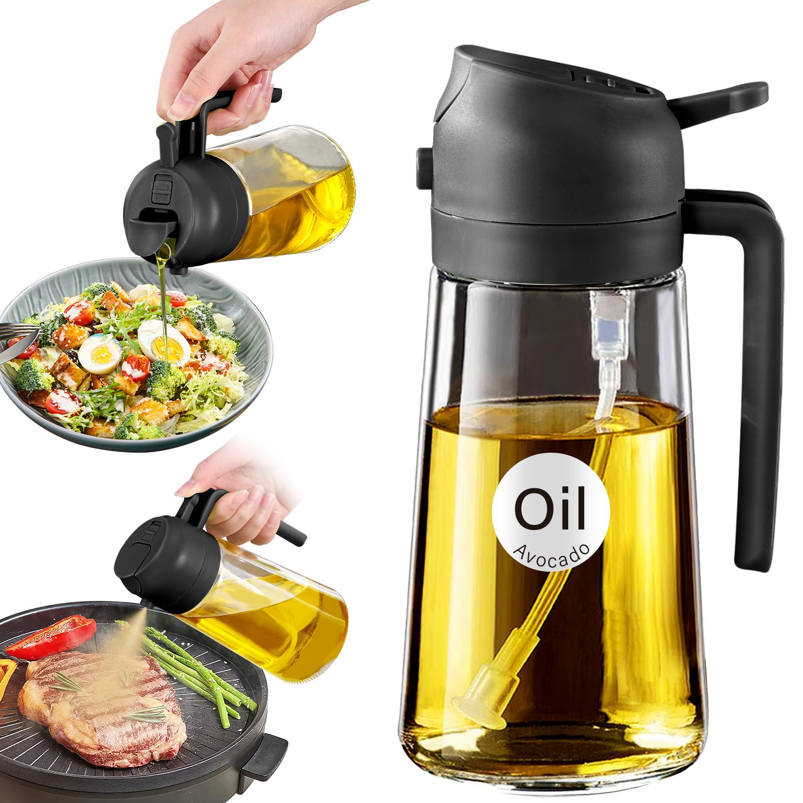 YARRAMATE Pulverizador de Aceite para Cocinar, Botella Dispensadora de Aceite de Oliva 2 en 1 para Cocina, Botella de Aceite de Vidrio de 17 oz/470 ml para Freidora de Aire, Barbacoa (Negra)