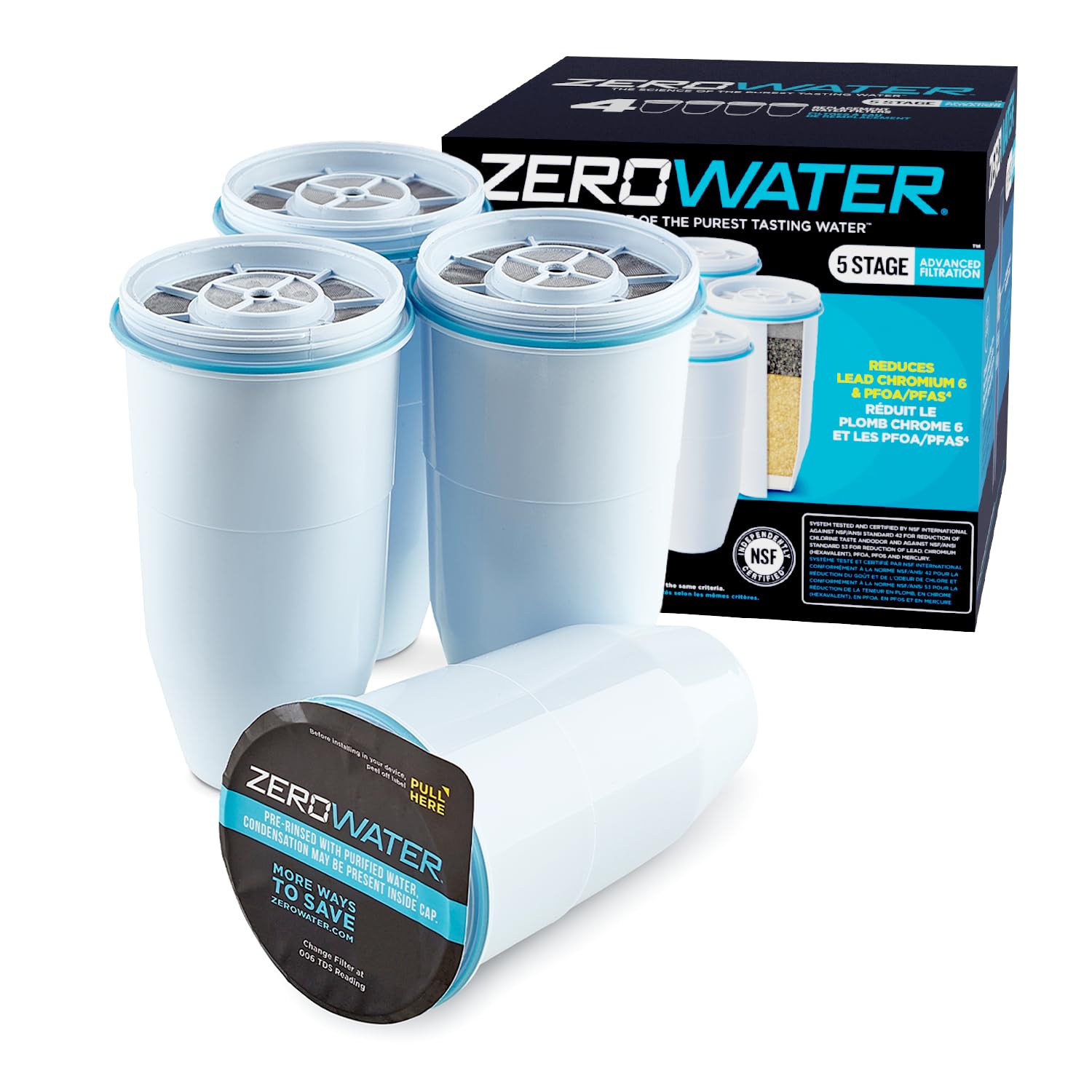 ZeroWater Filtros de repuesto (4 unidades) | Sin BPA y certificado para reducir la cantidad de plomo y otros metales pesados.