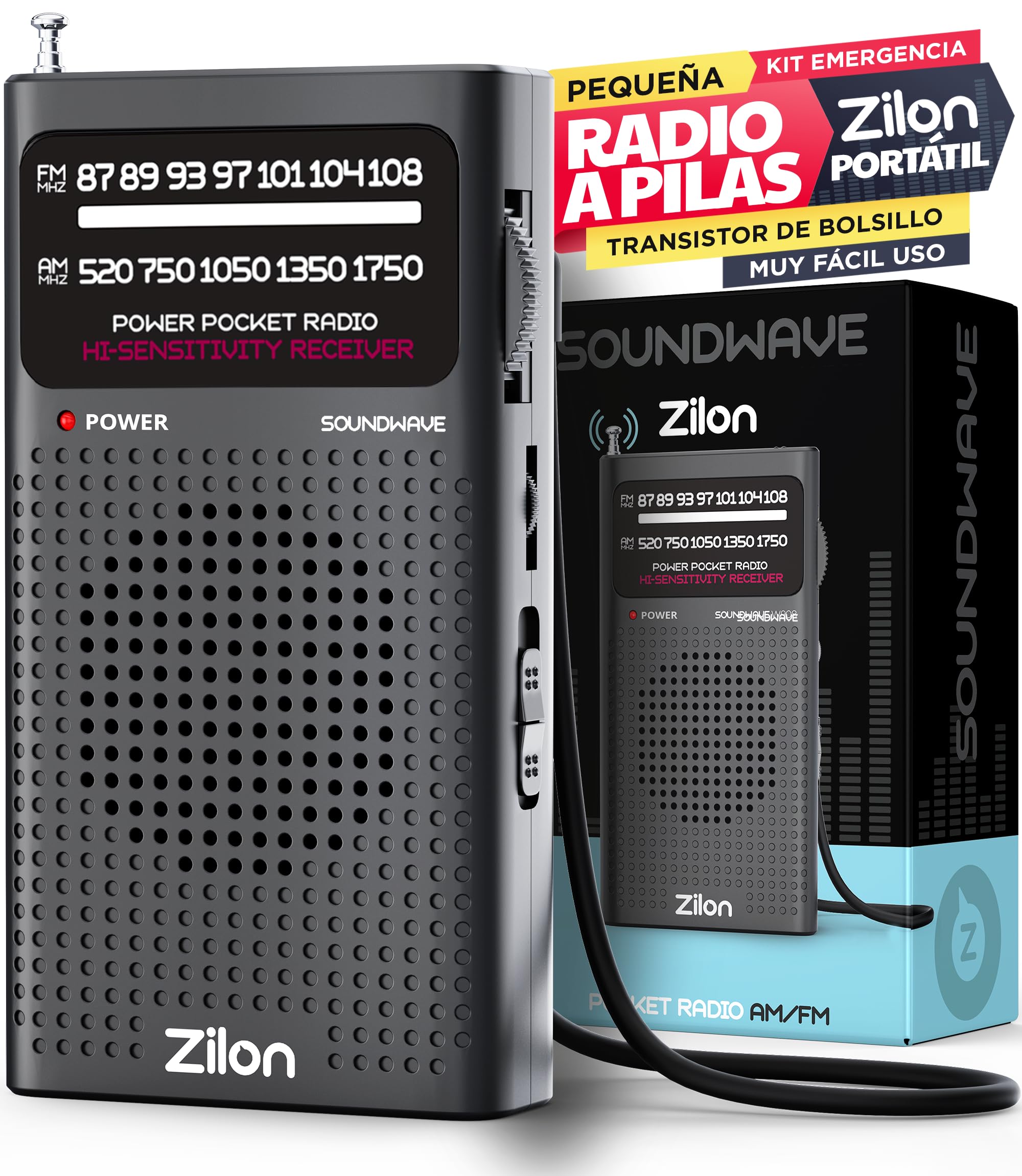 ZILON Transistor Radio a Pilas Pequeña Portatil Analogica Kit Emergencia FM Am Entrada Auriculares de Bolsillo Simple Personas Mayores Numeros Grandes para Facil Vision Muy Potente AA